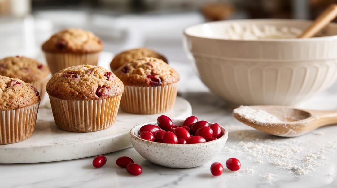 Freshly baked low-sugar muffins beside bright-red miracle berries on a kitchen counter in natural light
