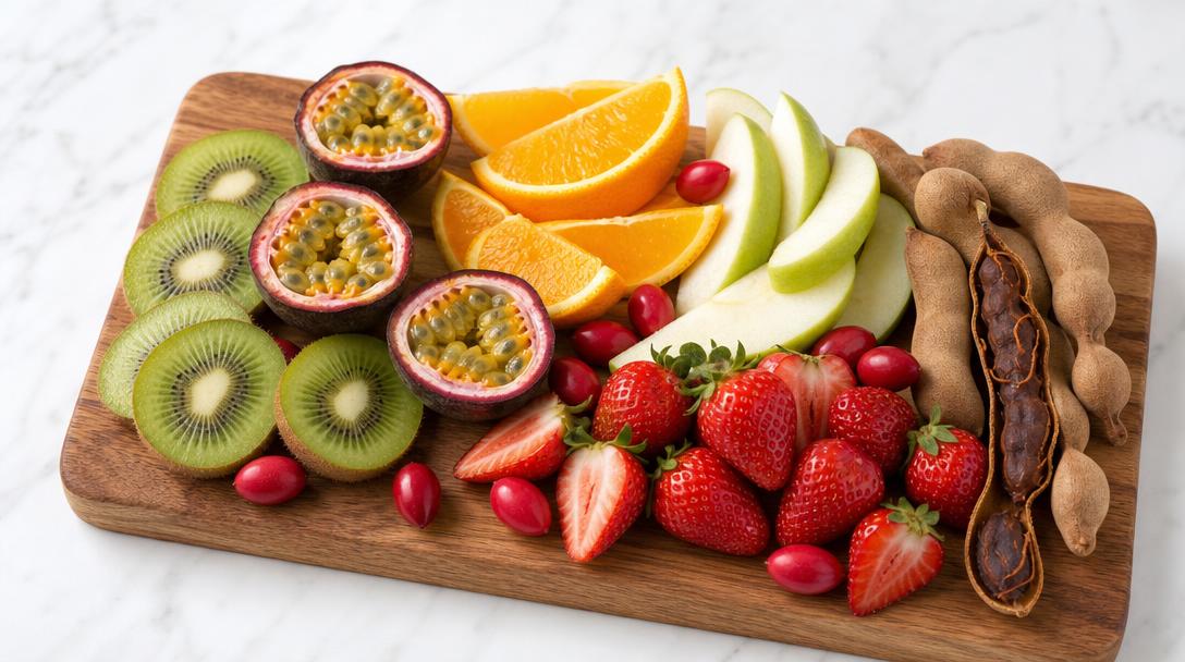 Colorful spread of the best fruits to pair with miracle berry including strawberries, kiwi, citrus, and passion fruit