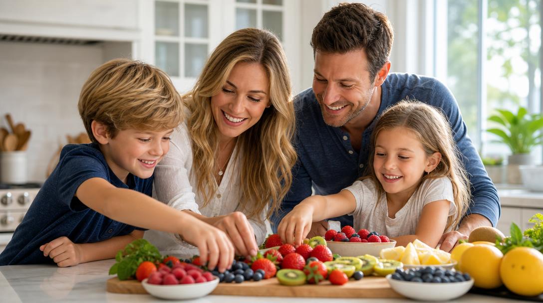 Family gathered around a kitchen island enjoying colorful fresh fruits as part of their sugar reduction journey