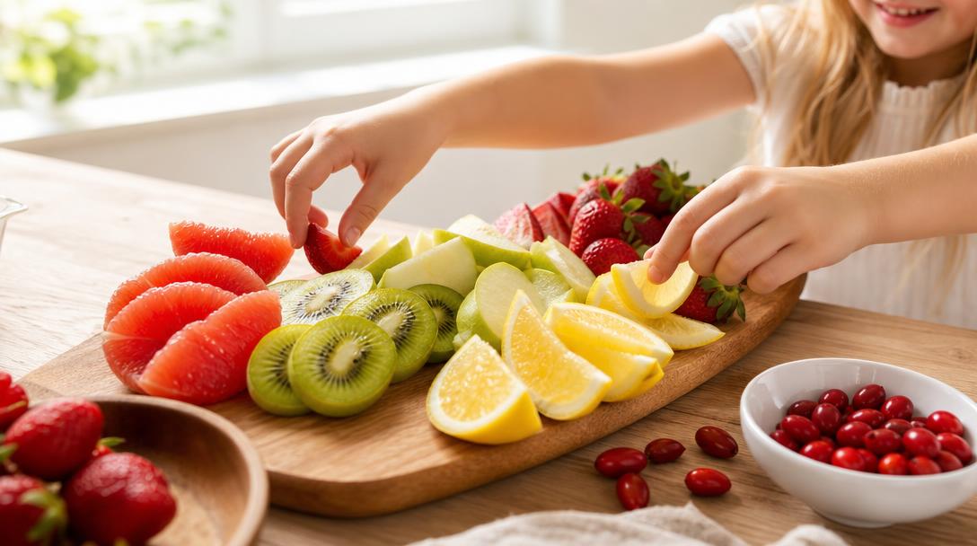 Colorful fresh sour fruit snack board with miracle berry tablets for healthy after-school snacks for kids