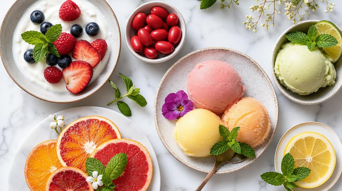 Low sugar desserts with fresh fruit and miracle berry on a marble surface in bright natural light