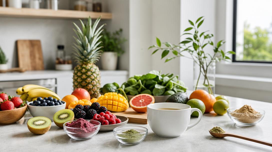 Low-sugar food and beverage product development scene with natural ingredients and fresh fruits on a kitchen counter