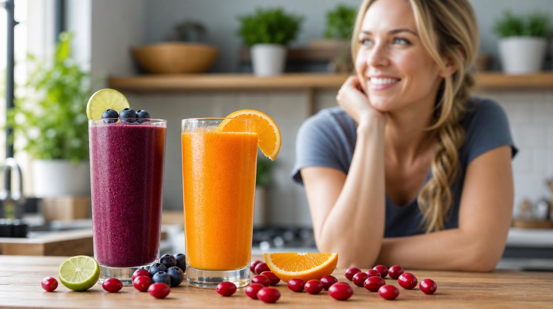 No sugar added smoothies in two tall glasses with bright-red miracle berries on a wooden kitchen counter
