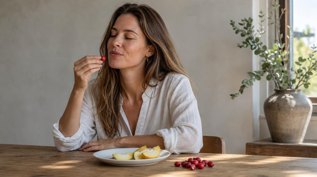 Woman practicing mindful eating at a wooden table with fresh fruit and small oval bright-red miracle berries nearby