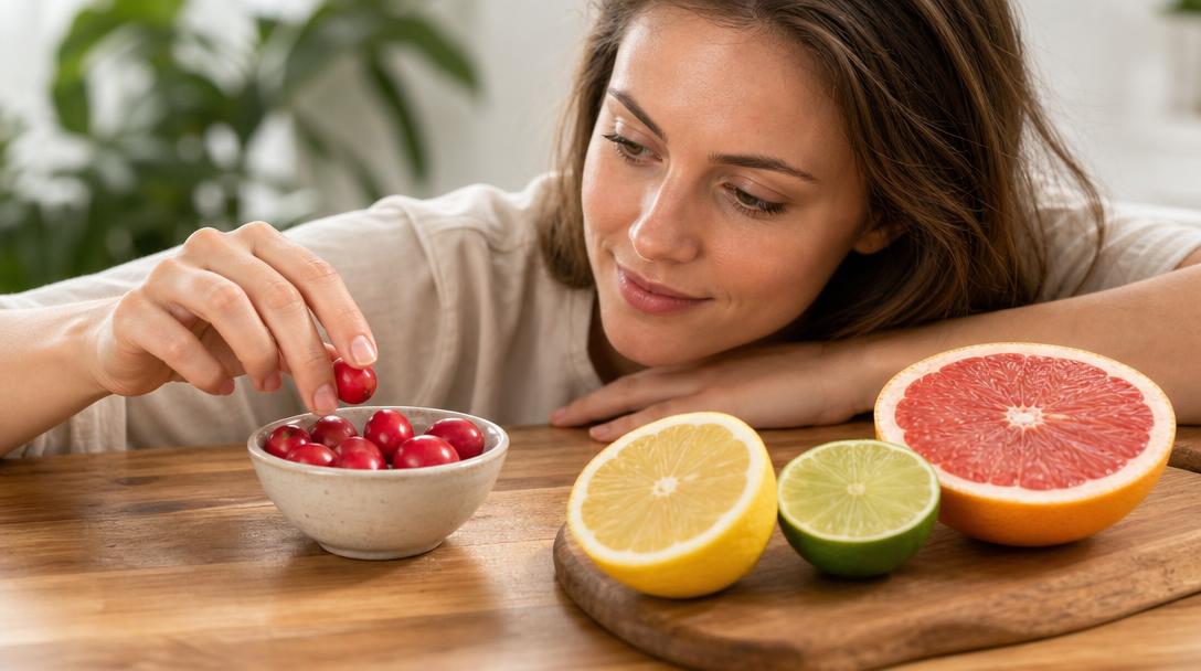 Miracle berry with freshly cut lemon, lime, and grapefruit halves on a wooden table in bright natural light