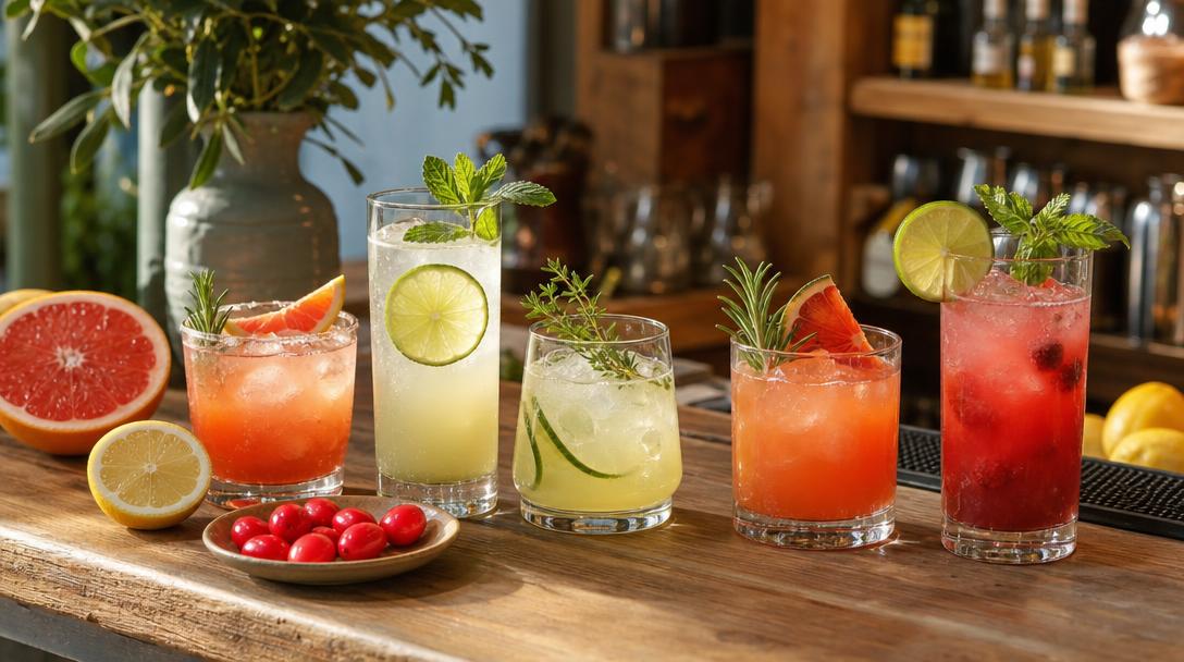 Colorful low-sugar cocktails and mocktails on a bar counter with fresh citrus and small bright-red miracle berries