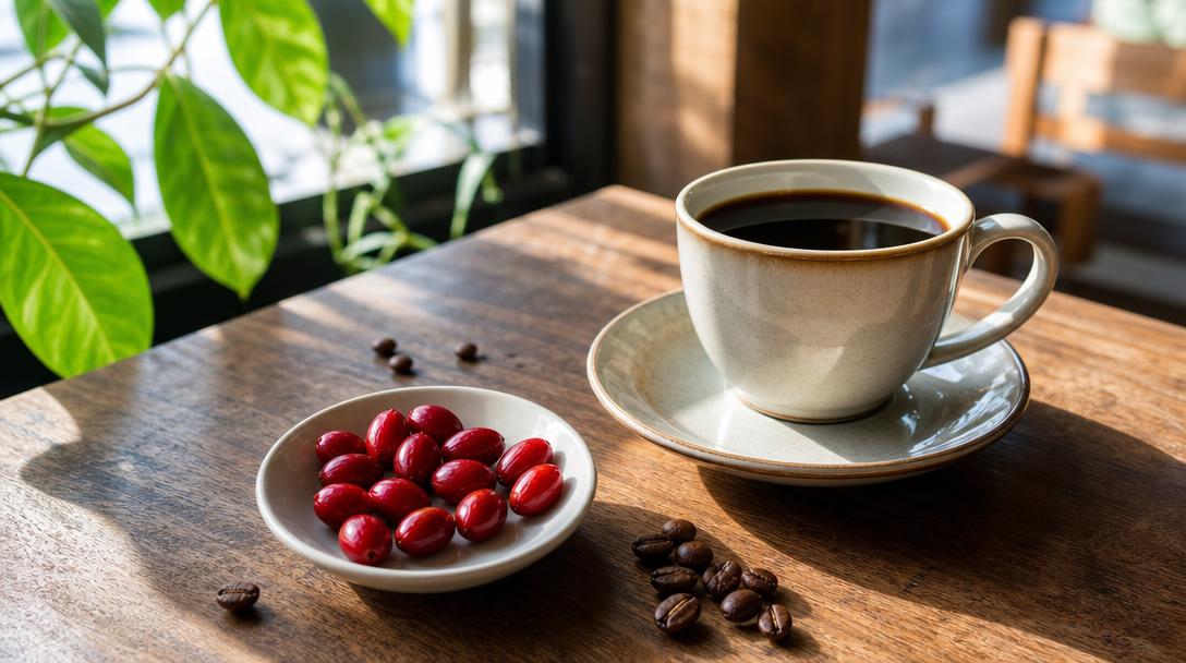 Small oval bright-red miracle berries beside a ceramic cup of black coffee and scattered coffee beans on a wooden table