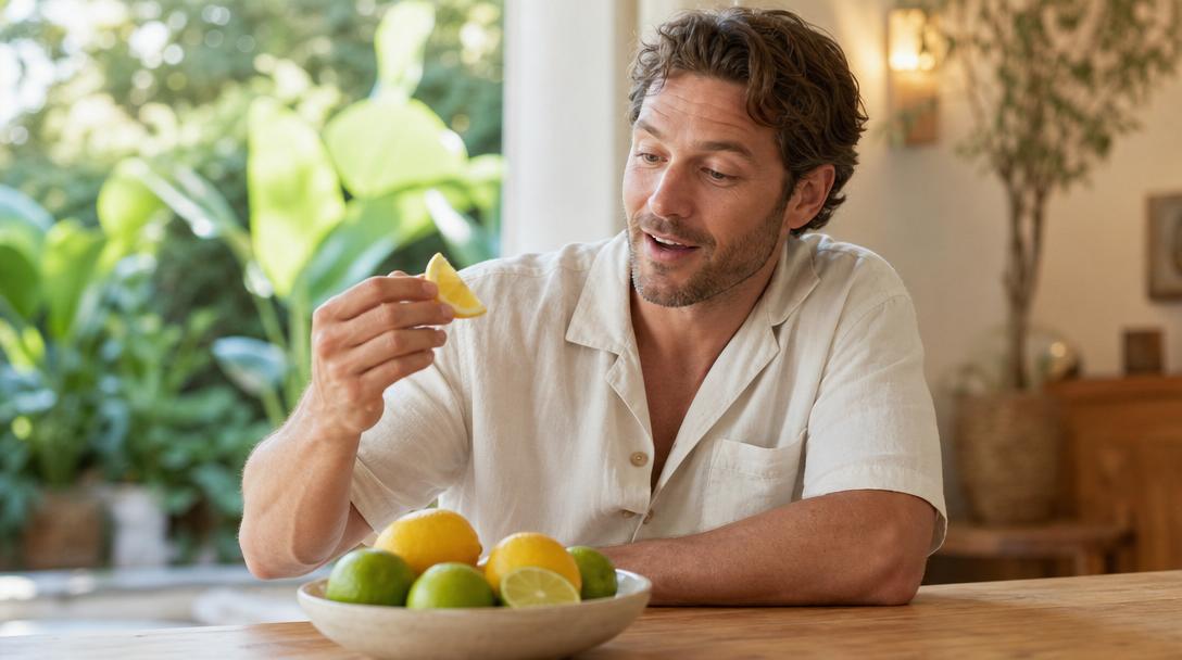 Person holding a lemon wedge with a delighted expression after experiencing the miracle berry taste-modifying effect