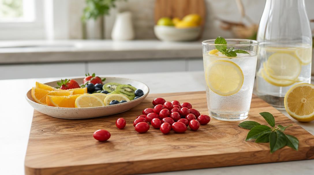 Small oval bright-red miracle berries on a wooden board alongside fresh fruit and a glass of lemon water