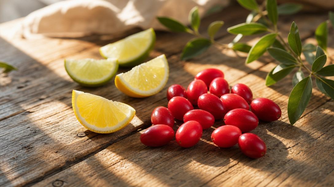Small oval bright-red miracle berries on a rustic wooden table with lemon slices in warm natural light