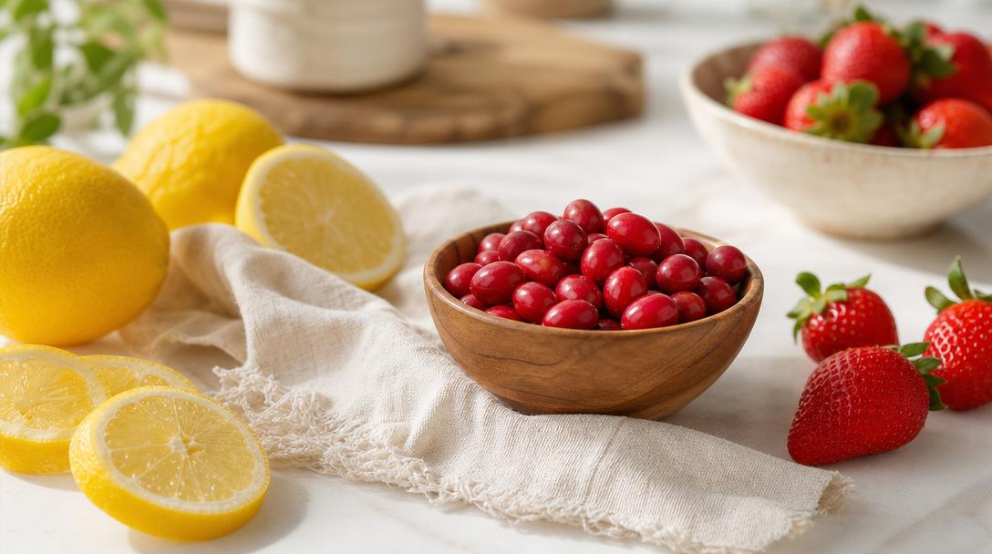Small oval bright-red miracle berries in a wooden bowl beside sliced lemons and strawberries on a white kitchen counter