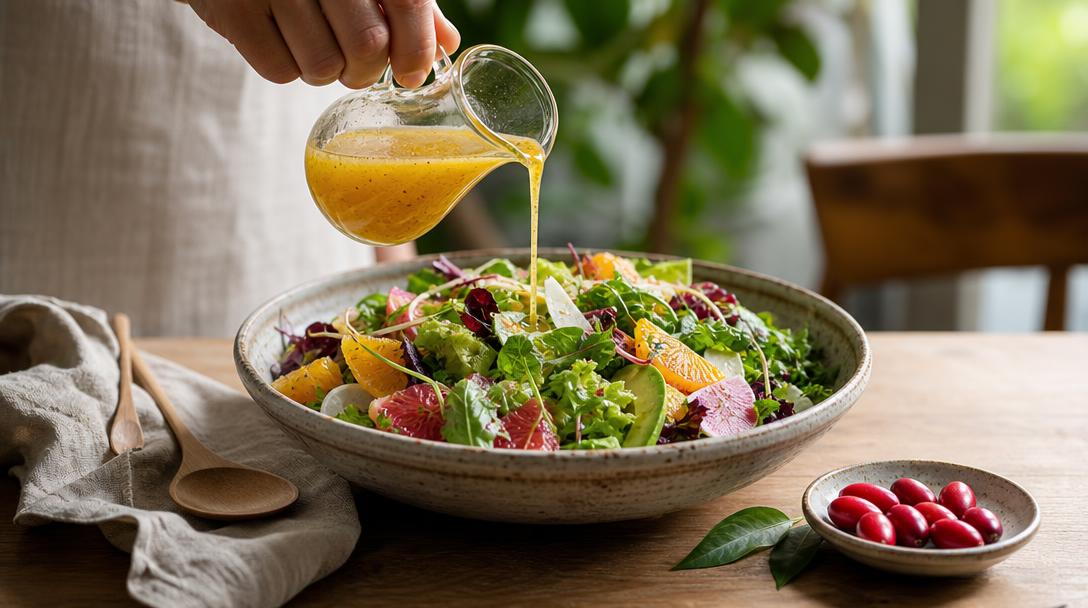 Fresh salad with citrus vinaigrette and small oval bright-red miracle berries on a rustic wooden table