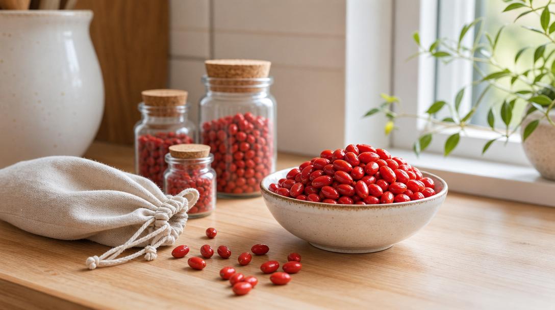 Small oval bright-red miracle berries with sealed glass storage jars on a wooden kitchen countertop in natural light