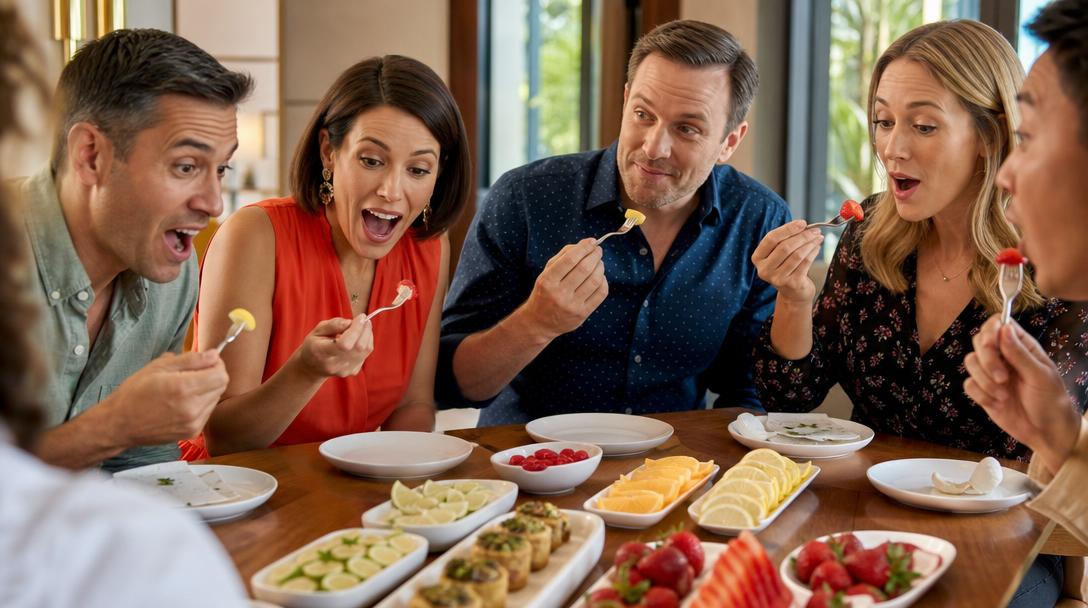 Adults hosting a miracle berry tasting party with citrus fruits and small plates arranged on a bright dining table