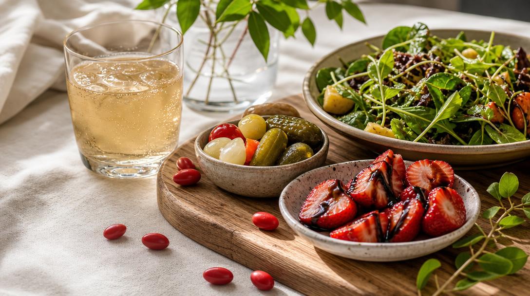 Miracle berry vinegar foods pairing spread with kombucha, pickles, balsamic strawberries and rice vinegar salad