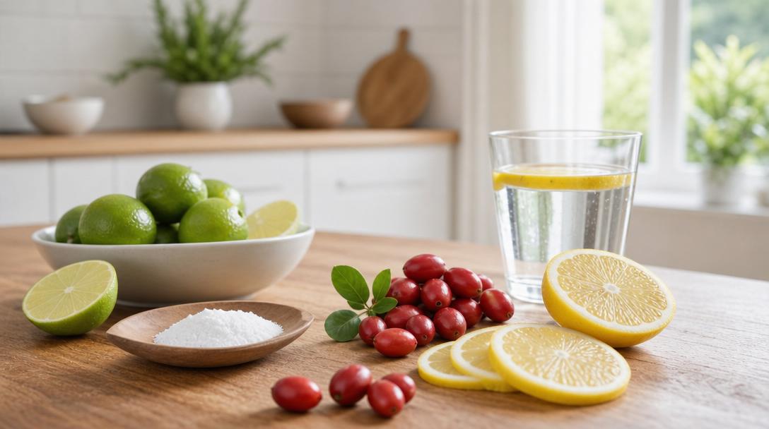 Small oval bright-red miracle berries arranged beside lemons, limes, and natural sweeteners on a wooden table
