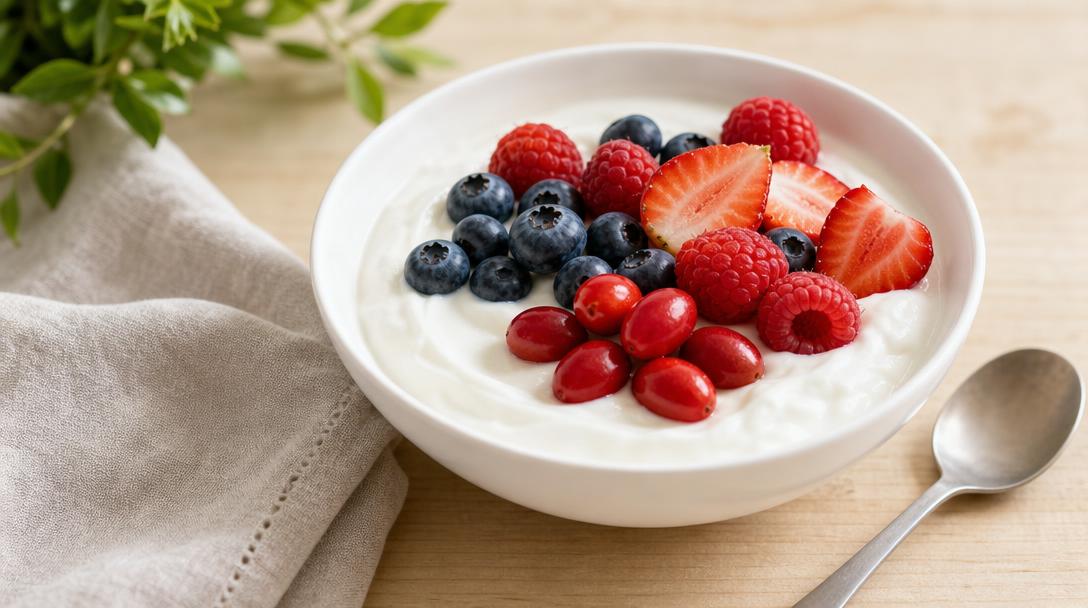 Bowl of plain Greek yogurt topped with fresh berries and small oval bright-red miracle berries on a wooden table