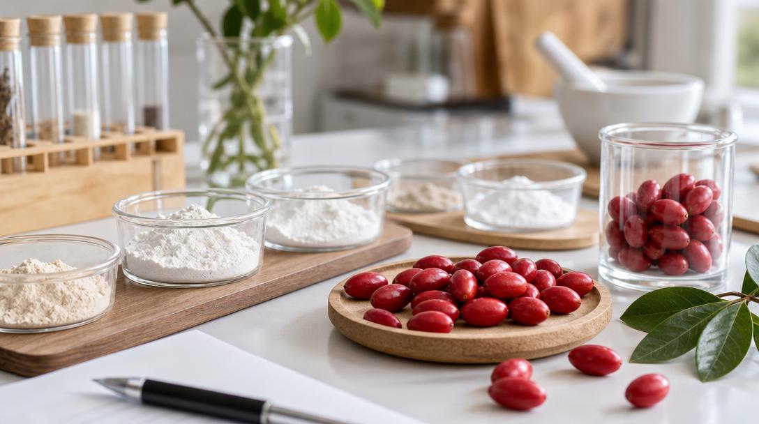 Small bright-red oval miracle berries alongside ingredient powders on a clean product development counter
