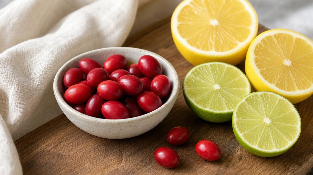 Small bright-red oval miracle berries beside halved lemons and limes on a wooden table in natural light