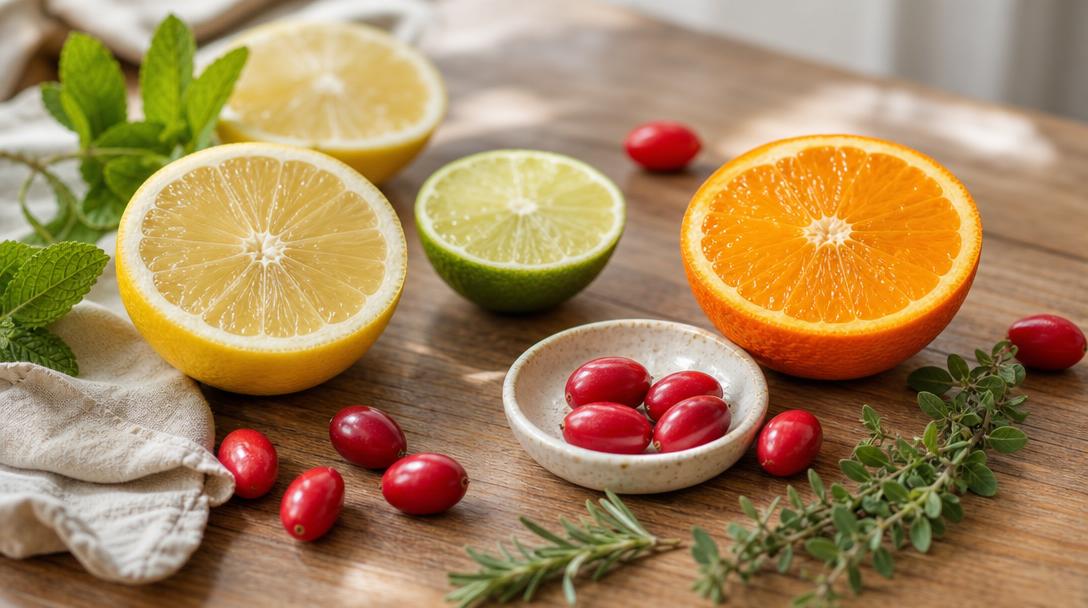 Natural taste modifiers displayed with miracle berries and citrus fruits on a wooden table in bright natural light
