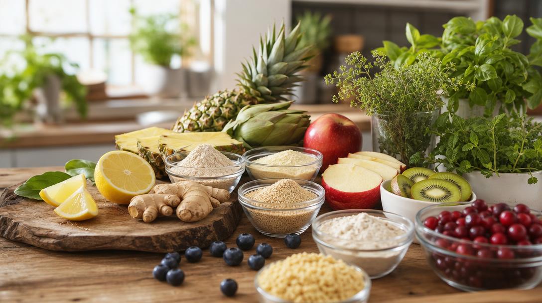 Natural ingredients arranged on a wooden counter representing the food industry shift toward clean-label sweetener choices