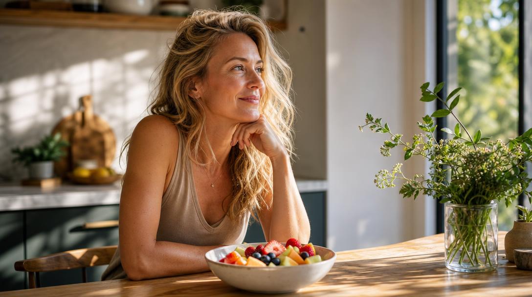 Woman enjoying fresh fruit at a sunlit kitchen table, exploring natural ways to satisfy sweet cravings