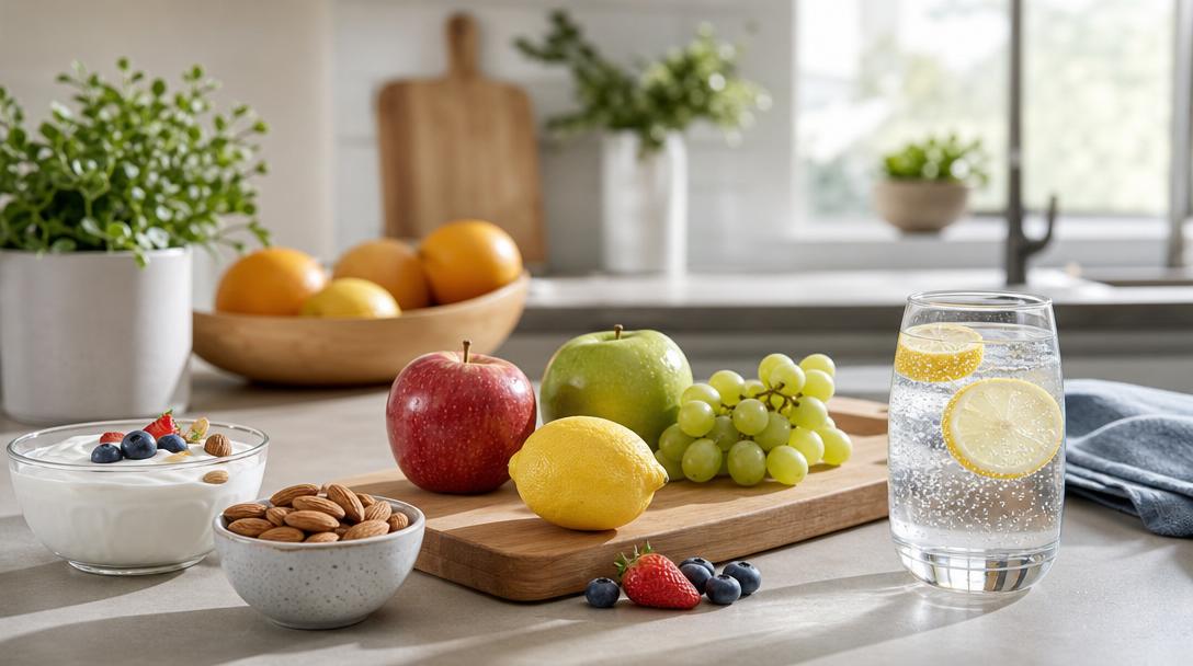 Clean kitchen counter with fresh fruits, plain yogurt, and sparkling water representing mindful sugar-conscious eating