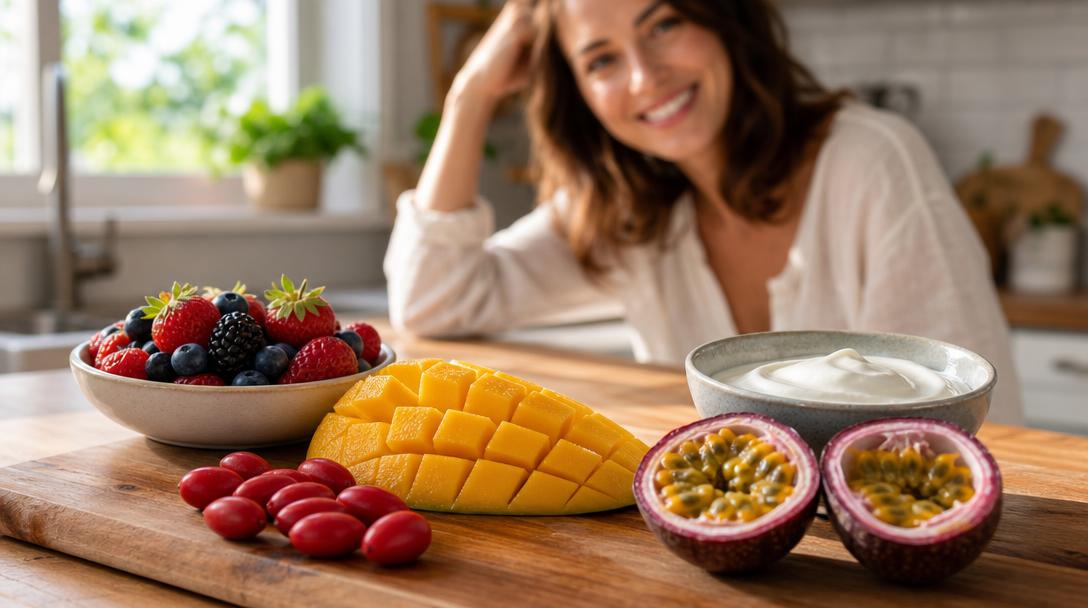 Natural sweet foods including fresh berries, mango, and miracle berries on a wooden kitchen counter