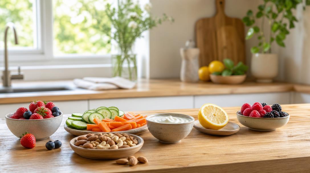 Assortment of healthy low-sugar snacks on a wooden kitchen counter in natural light