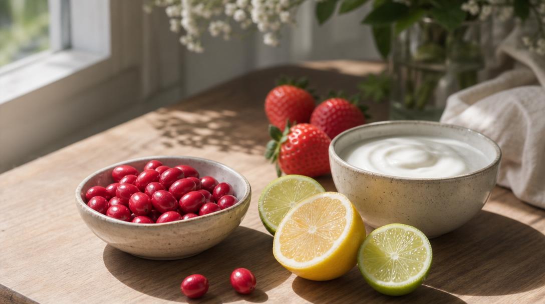 Small bright-red oval miracle berries on a wooden table beside lemons, limes, and plain yogurt in natural light