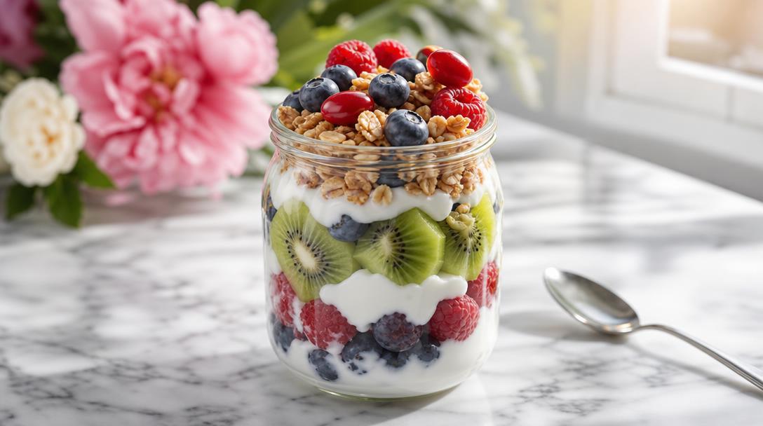 Sugar free yogurt parfait layered with plain Greek yogurt, sour berries, and tart toppings in a clear glass jar
