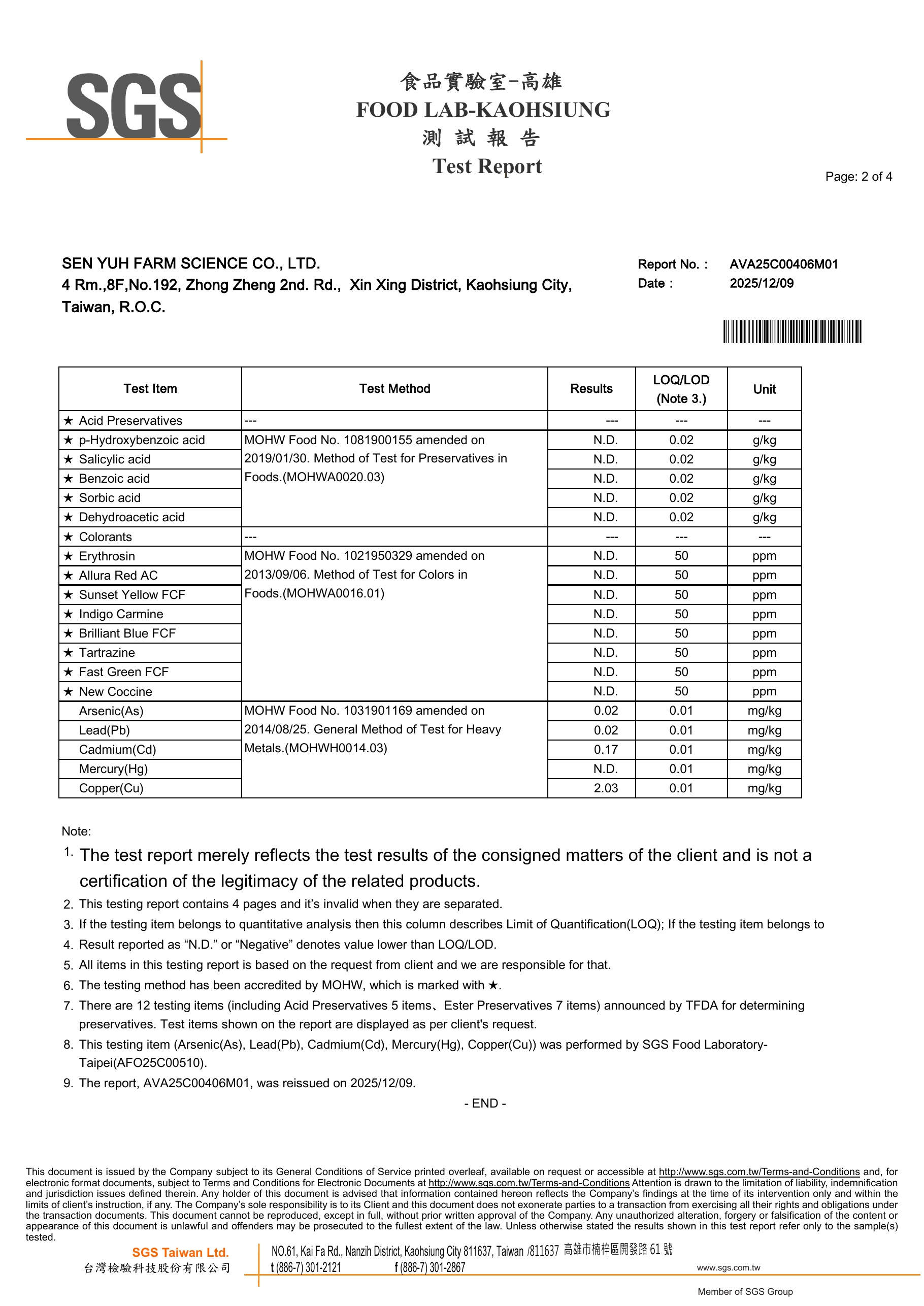 SGS Acid Preservatives, Colorants & Heavy Metals Report