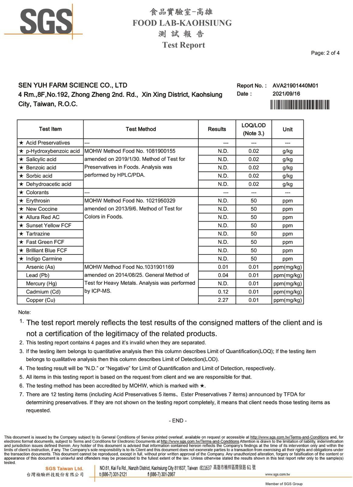 SGS Acid Preservatives, Colorants & Heavy Metals Report