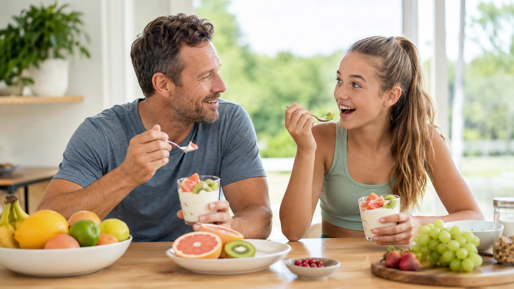 Father and daughter enjoying fruit and yogurt with miracle berry