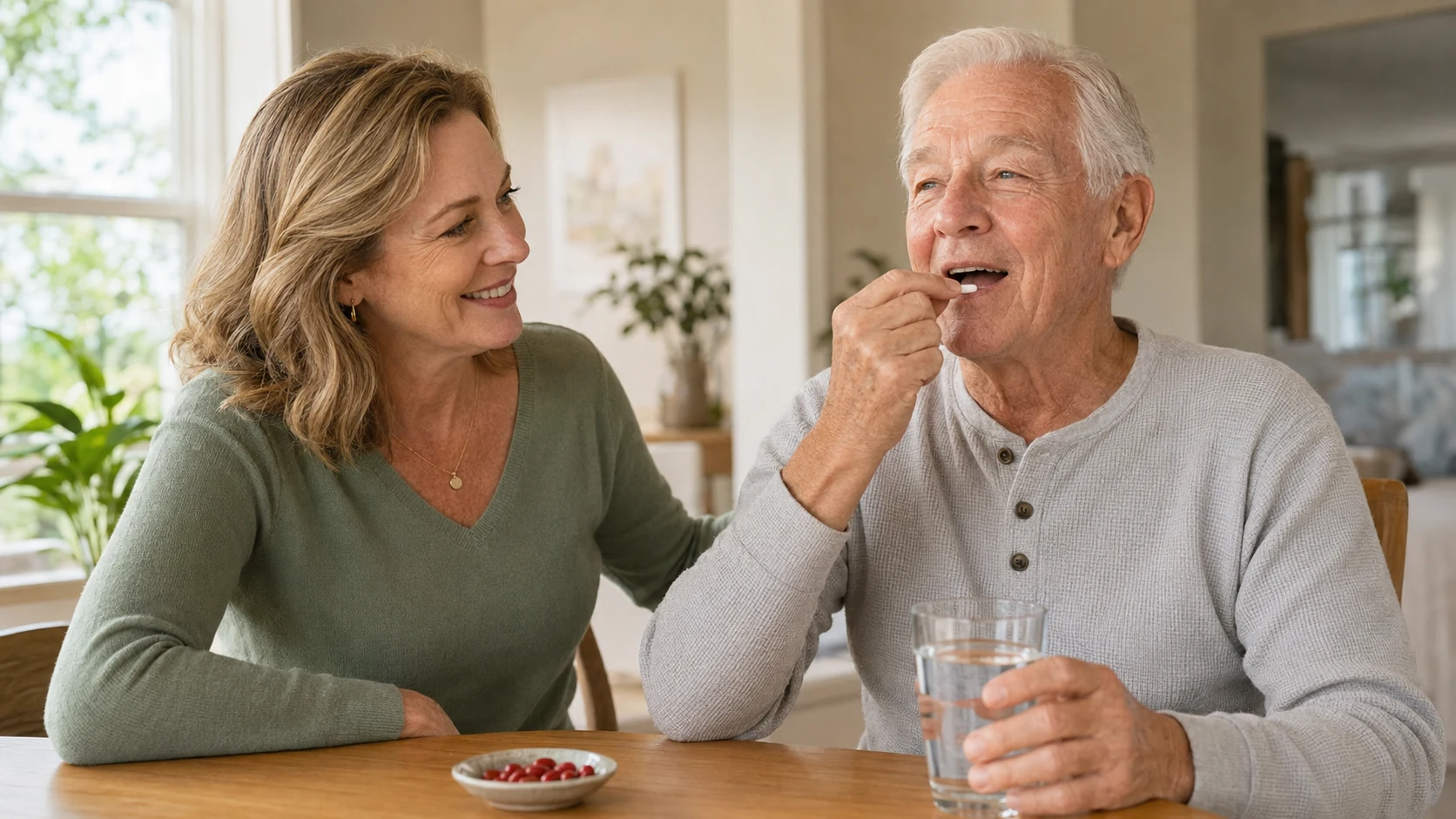 Older man taking a tablet with water while accompanied by a caregiver