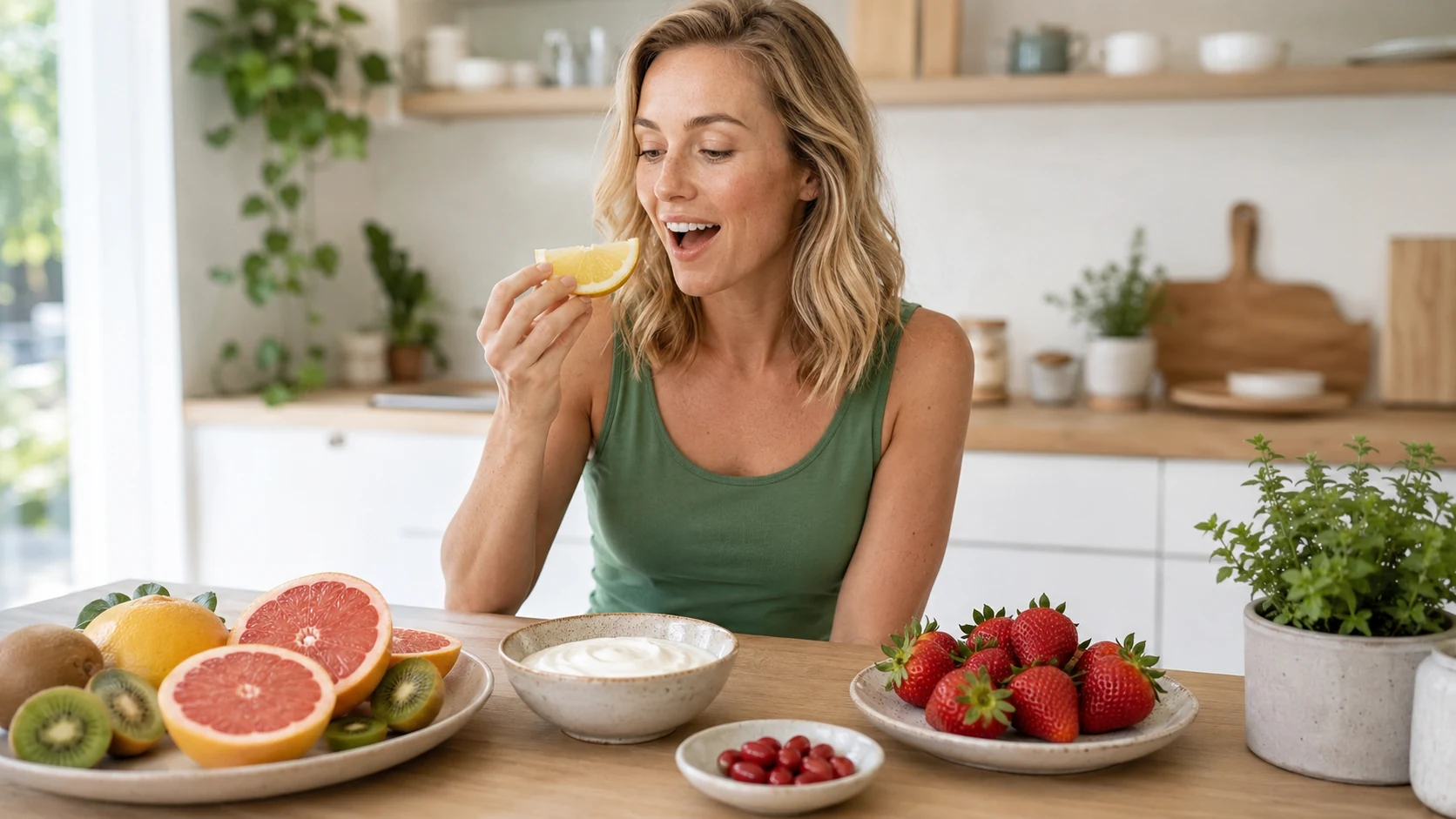 Woman enjoying lemon with miracle berry as a natural sugar alternative