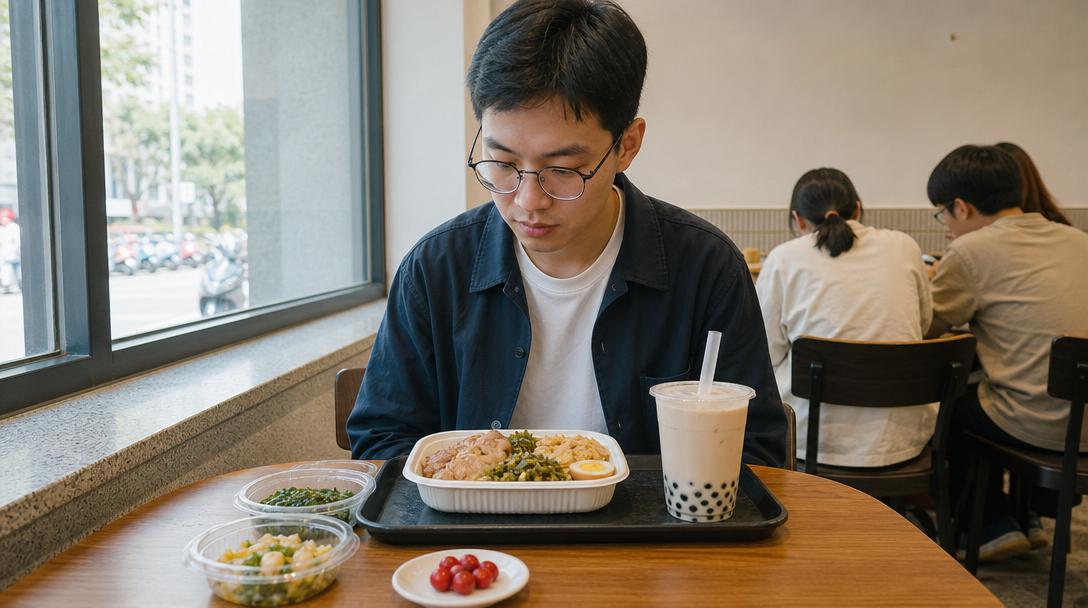 外食族在便當店餐桌上，旁邊放著神秘果錠，桌上有便當、手搖飲與超商熟食