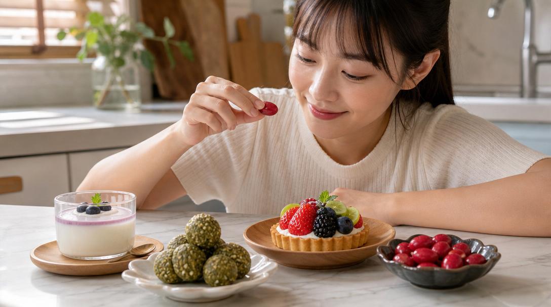 居家自製低糖點心優格凍、抹茶球與水果塔，搭配神秘果作為天然減糖輔助