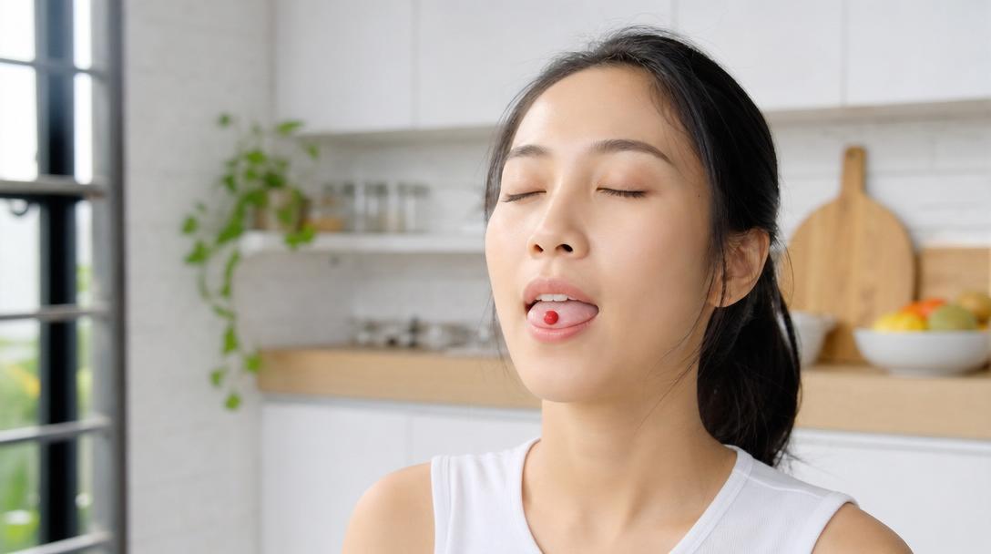 東亞女性將神秘果錠放在舌頭上輕輕含著，展示正確的含錠方式