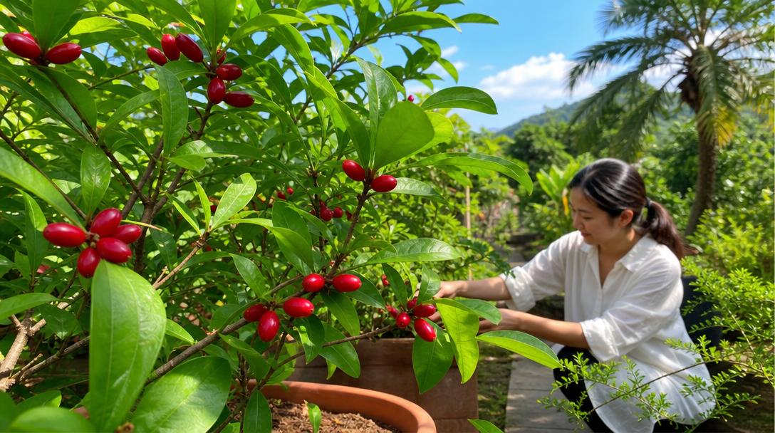 台灣種植的神秘果植株，枝頭結滿鮮紅色果實，生長於陽光充足的戶外環境中