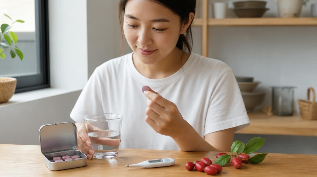 神秘果錠放置於乾燥木質桌面上，旁邊有溫度計與新鮮神秘果果實，示意正確保存環境