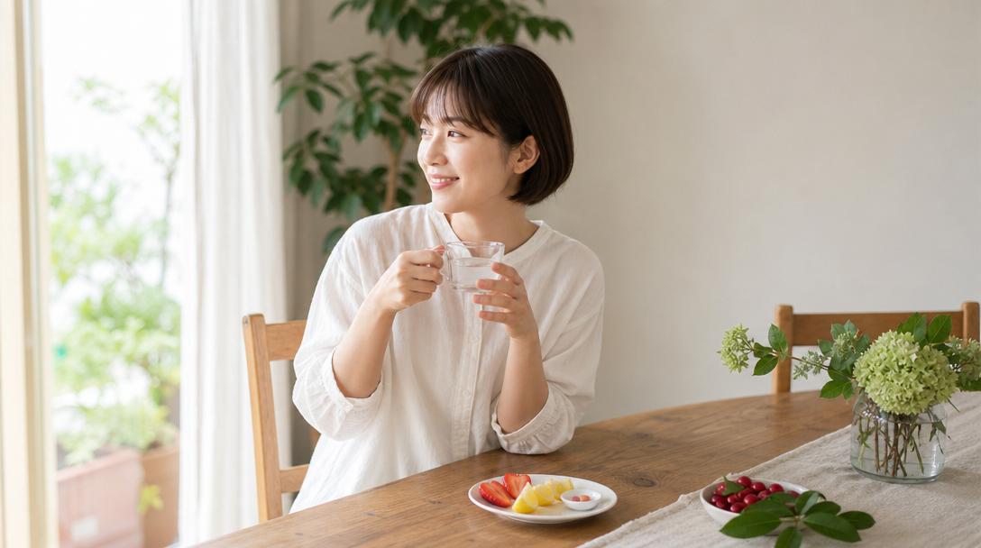 餐桌上放著神秘果錠與檸檬片、草莓，展示飯前或飯後使用神秘果的情境