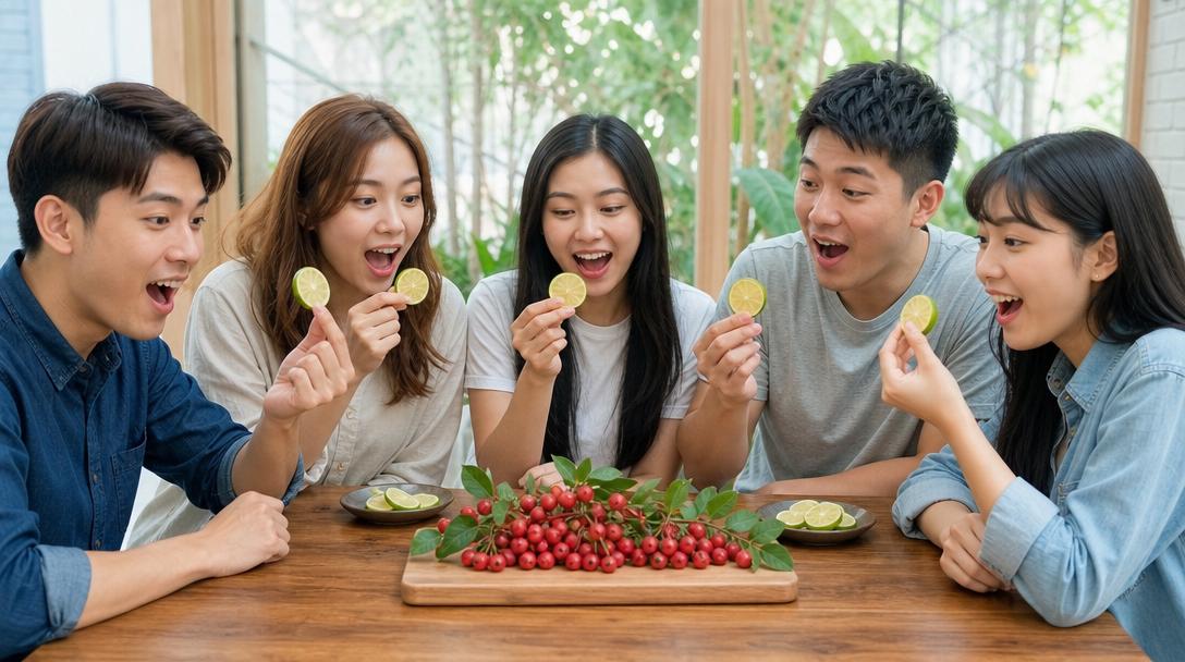 台灣朋友們圍坐一桌，吃神秘果後試吃檸檬，表情驚喜，桌上擺放新鮮紅色神秘果
