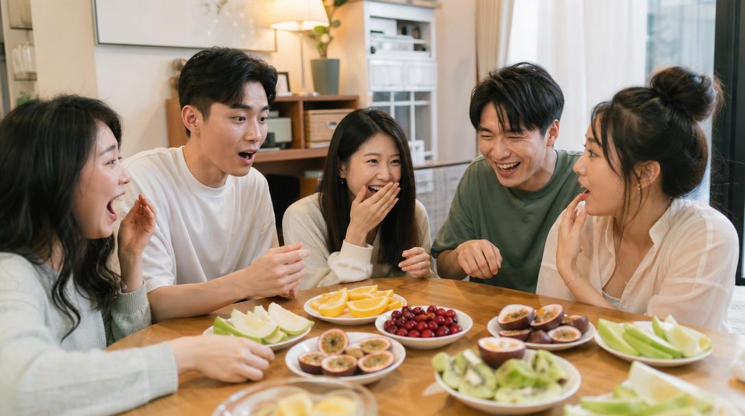 台灣朋友聚會圍坐桌旁體驗神秘果味覺遊戲,桌上擺滿檸檬、百香果等酸味食材