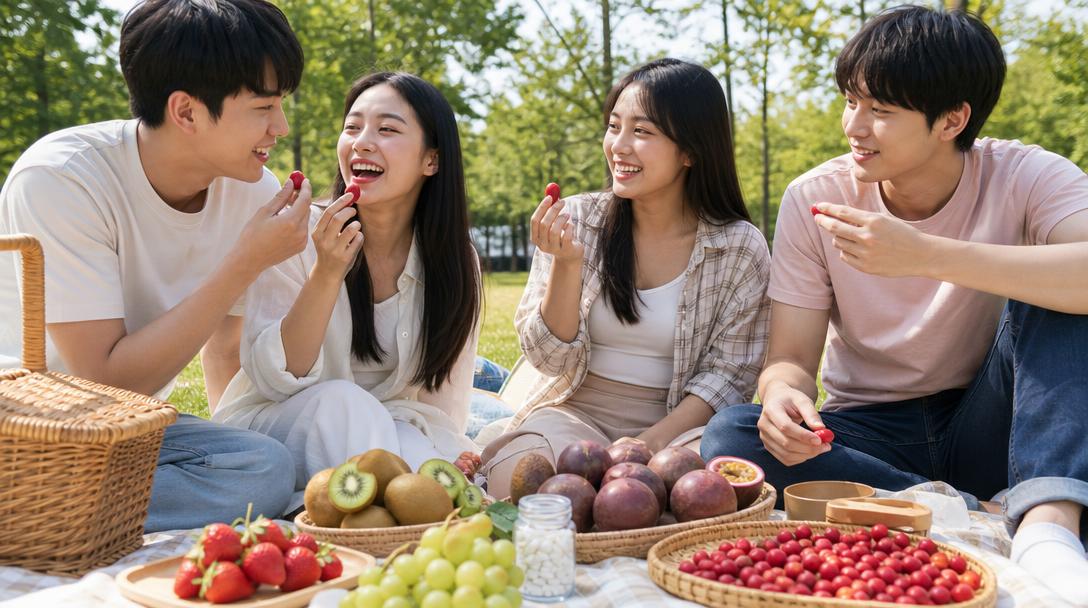 台灣年輕人在戶外野餐,桌上擺著奇異果、草莓、百香果與神秘果錠,享受無糖甜感體驗