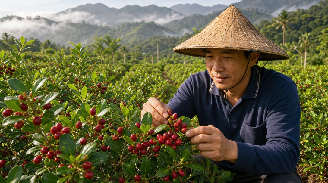 台灣神秘果農場，農夫仔細檢視枝頭上成熟的紅色神秘果果實